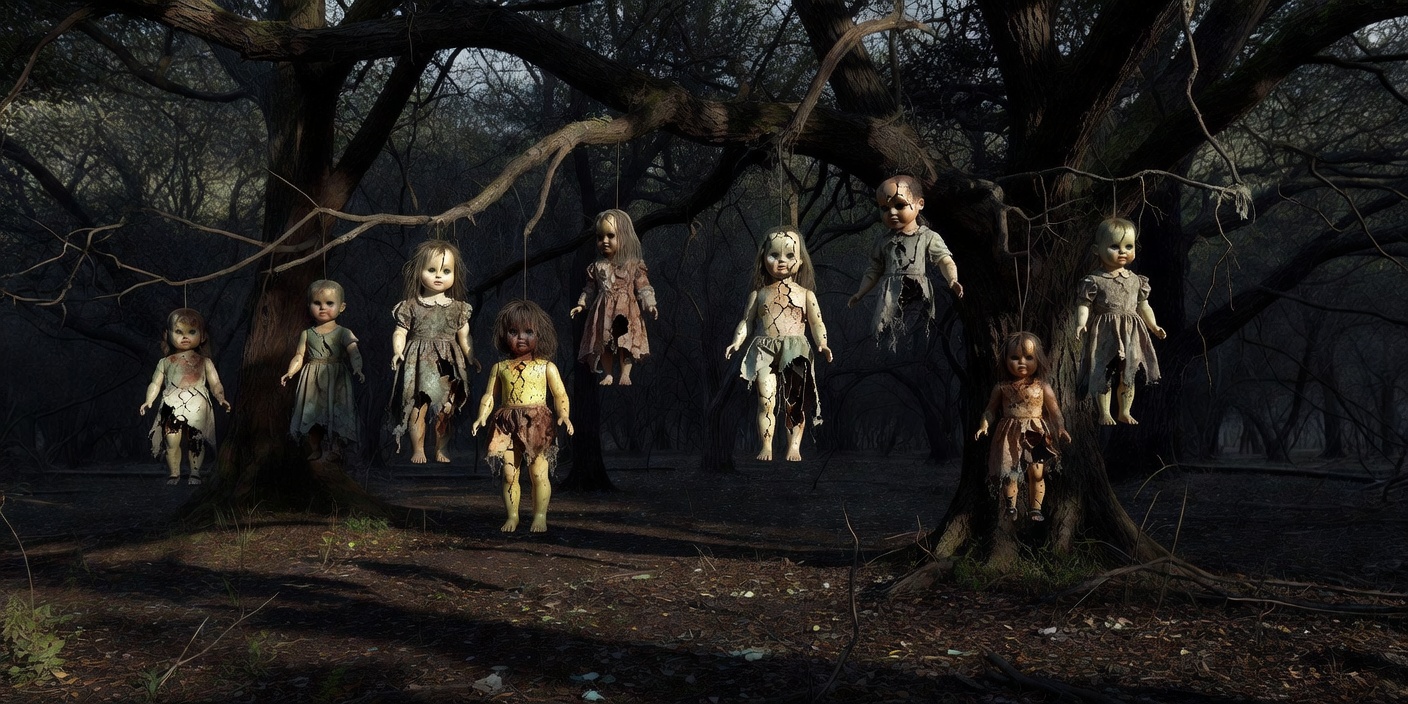 Decaying plastic dolls hanging from dark trees in Mexico