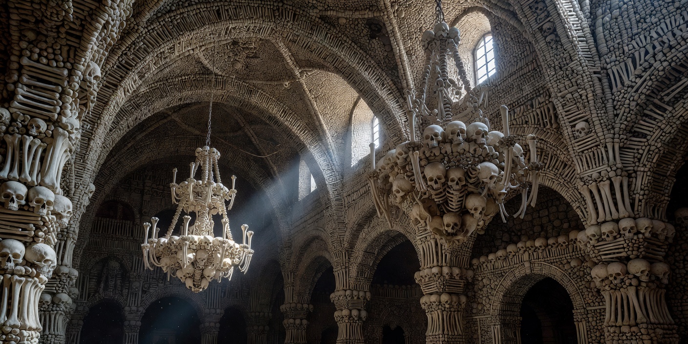 Intricate bone chandeliers and arches inside Sedlec Ossuary Czech Republic