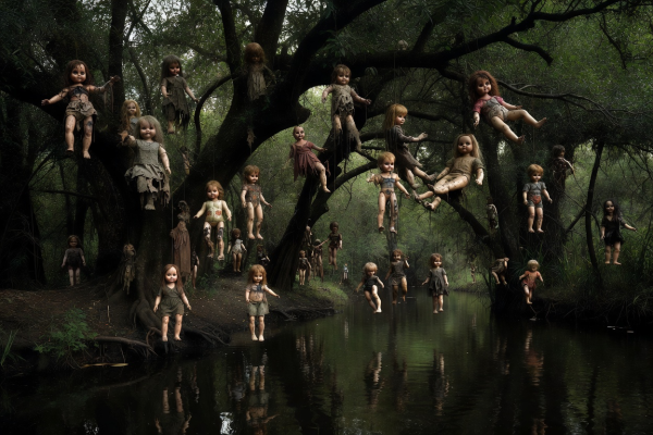 Creepy hanging dolls on Island of the Dolls Mexico