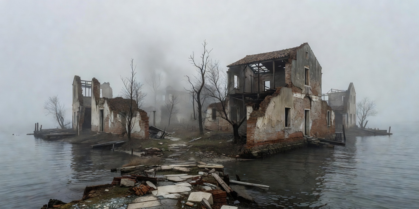 Mist over desolate Poveglia island ruins in Venice Italy